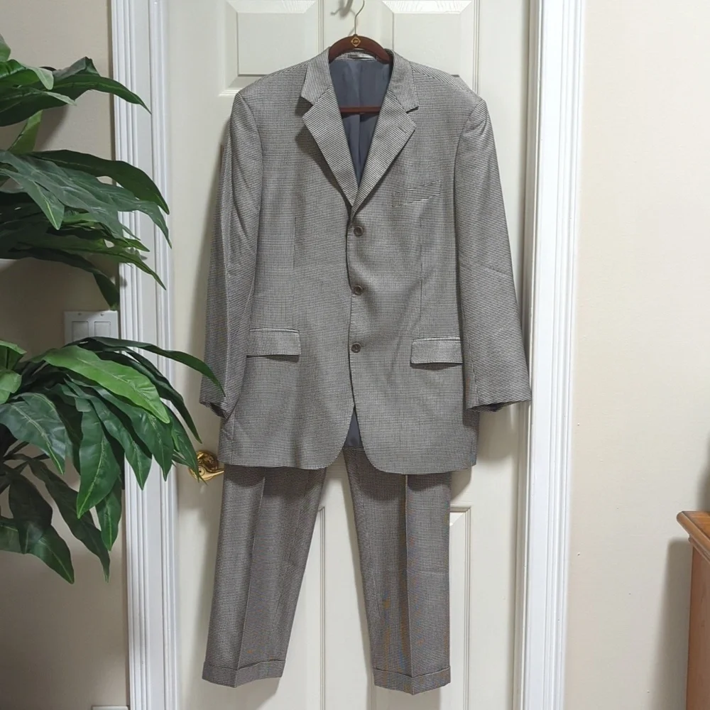 Unbranded Tailored Italian Wool Black/White Herringbone Suit Men's Size 50